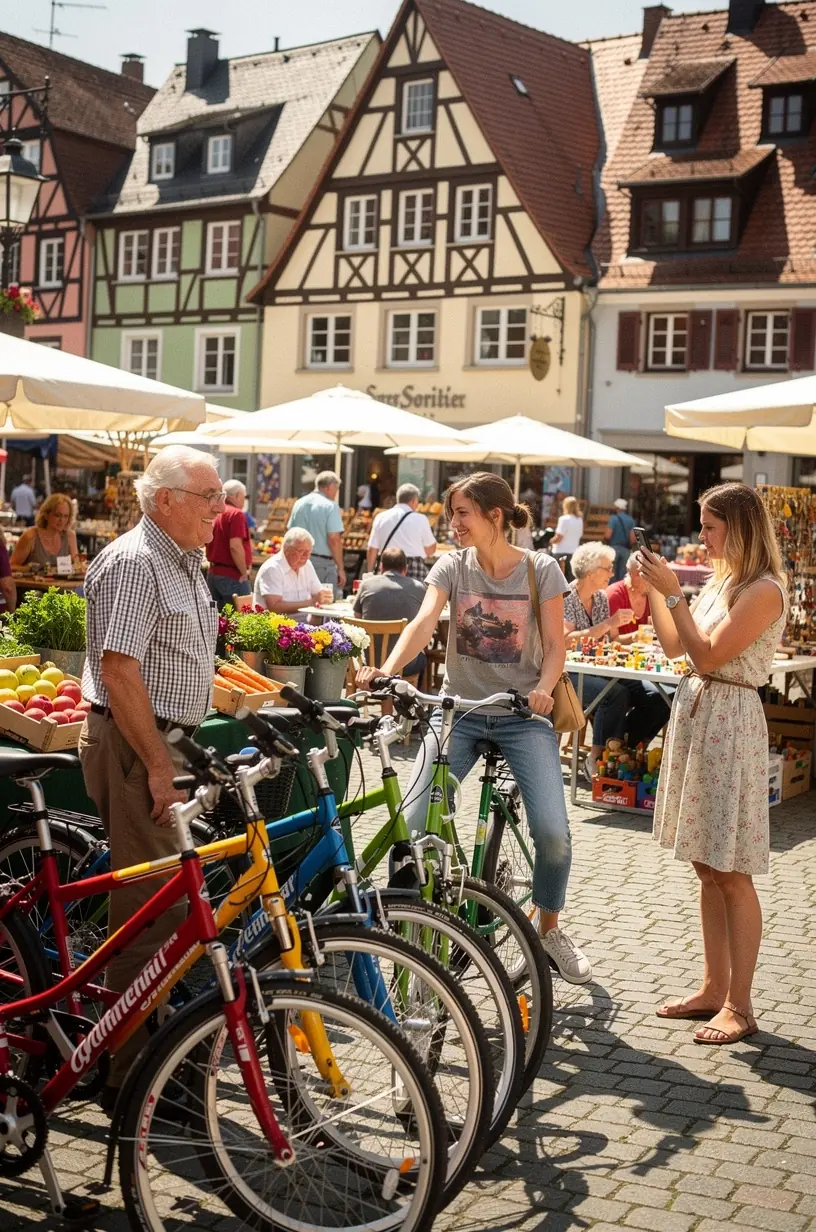 Fahrradverleihstation in einer malerischen deutschen Stadt, bereit für Touristen